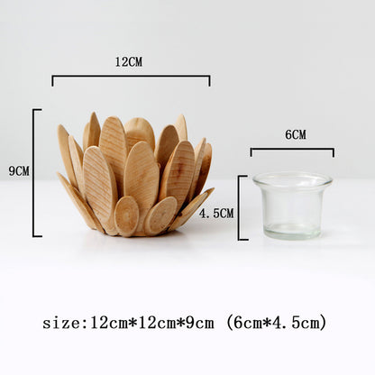 A Nordic style wooden candlestick holder with a minimalist design, displaying a candle inside. The holder is made of natural wood with a smooth finish home decor