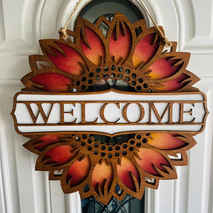 Rustic Sunflower Welcome Door Sign Close-Up Red