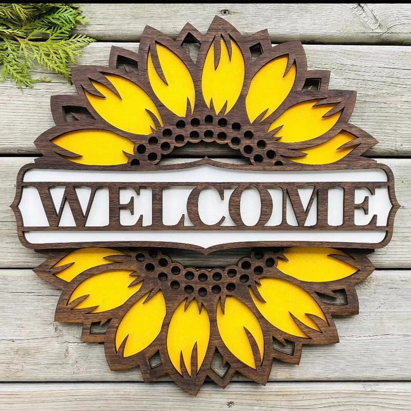 Rustic Sunflower Welcome Door Sign Close-Up Yellow