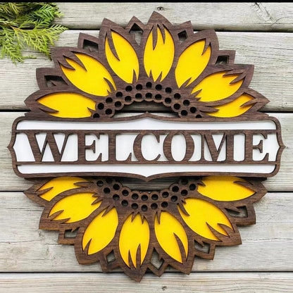 Rustic Sunflower Welcome Door Sign Close-Up Yellow